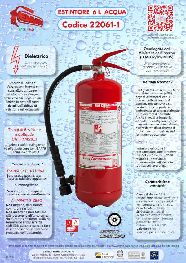Estintore Litri 6 Acqua - Codice 22061-1 - 13A - UNI EN 3-7 - Dielettrico