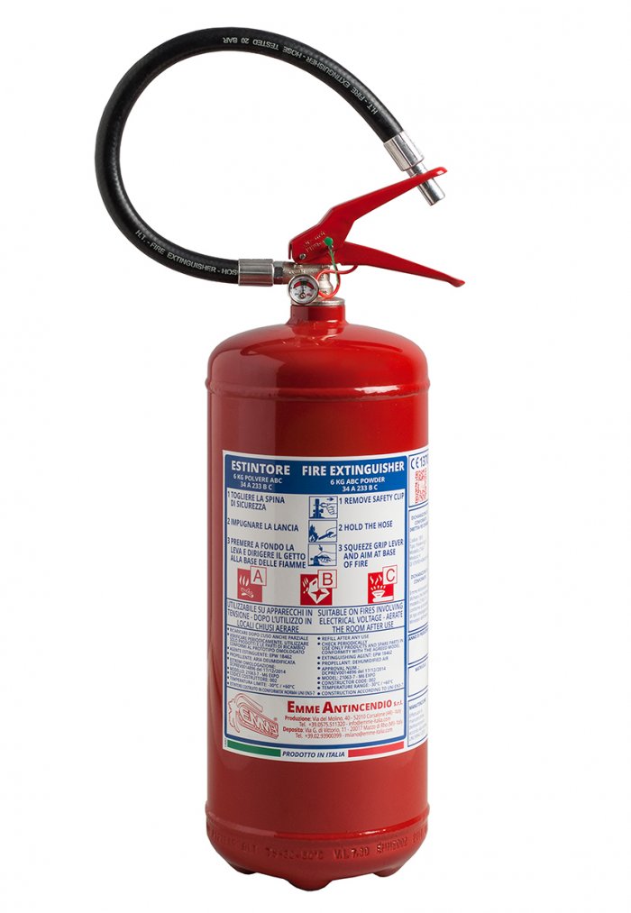 Estintore kg 6 polvere 34A-233BC "M6 EXPO" 21063-71 / 1855-1 Valvola CPF Rossa, manometro Ebur e barcode