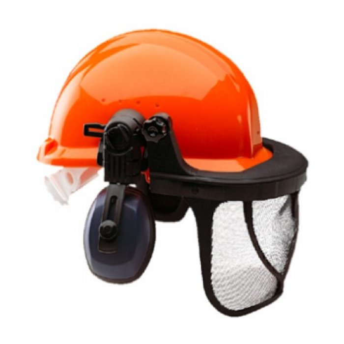 Elmetto arancio kit forestale completo di bardatura e visiera