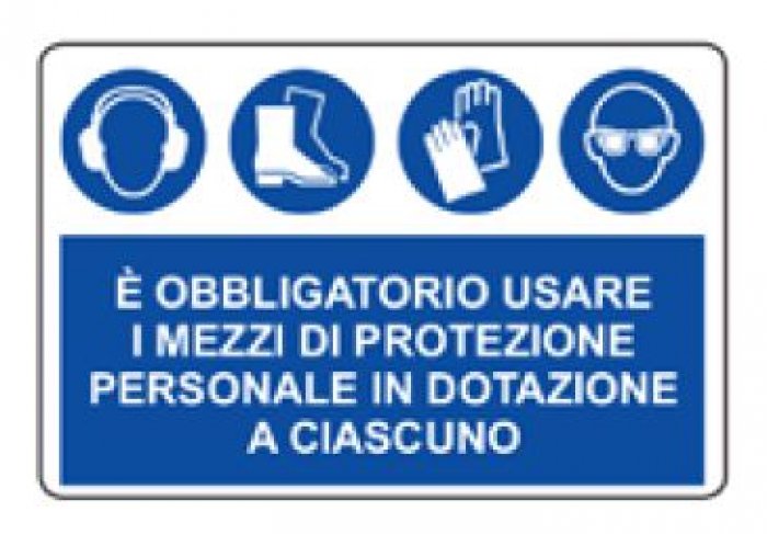 CARTELLO IN ALLUMINIO FORMATO MM 500X330 CUFFIA SCARPE GUANTI OCCHIALI (DPI)