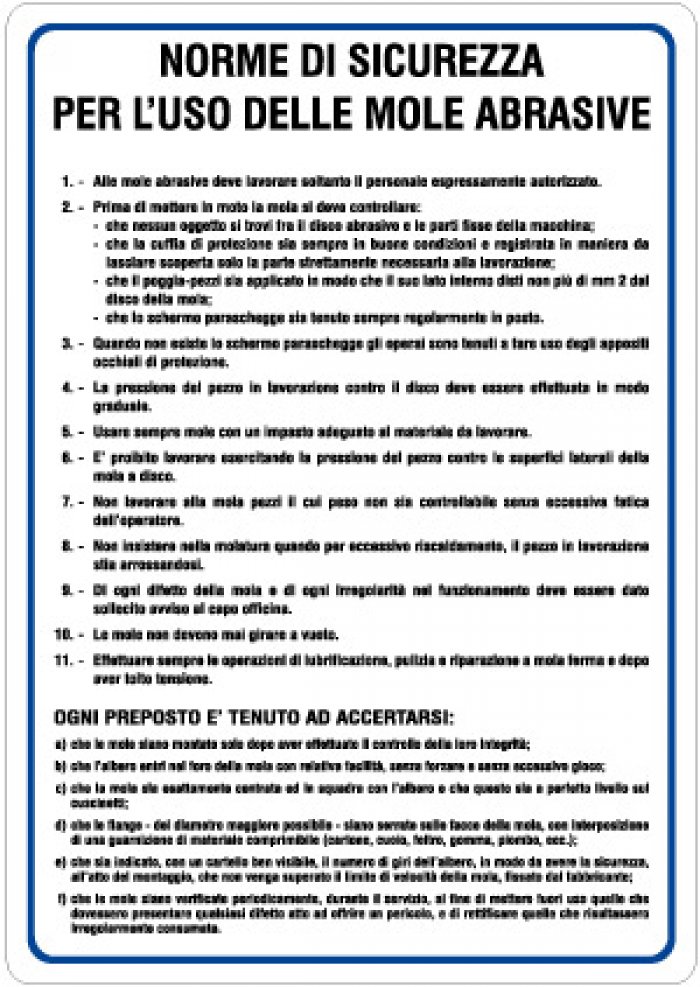 CARTELLO IN ALLUMINIO FORMATO MM 330X470 NORME SIC.USO MOLE ABRASIVE (1147B)