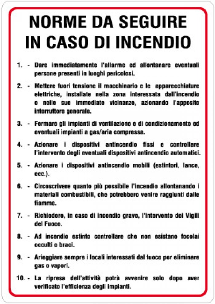 CARTELLO IN ALLUMINIO FORMATO MM 330X470 NORME DA SEGUIRE IN CASO INCENDIO (1214B)