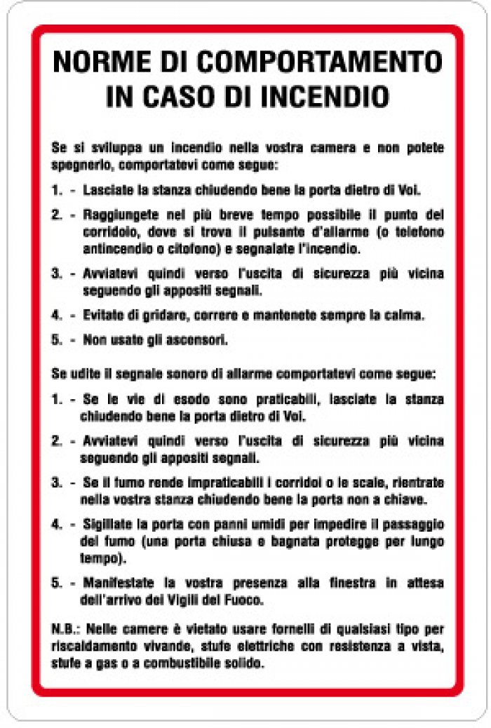 CARTELLO IN ALLUMINIO FORMATO MM 200X300 NORME COMPORTAMENTO IN CASO INCENDIO (1220A)