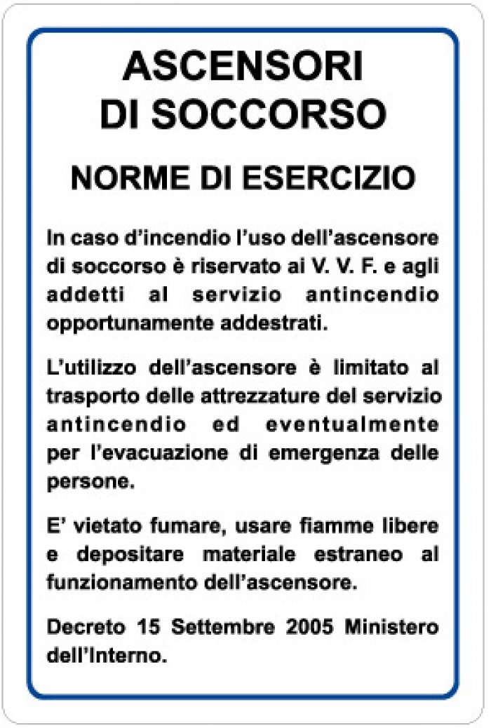 CARTELLO IN ALLUMINIO FORMATO MM 200X300 ASCENSORI SOCCORSO - NORME ESE (1221A)