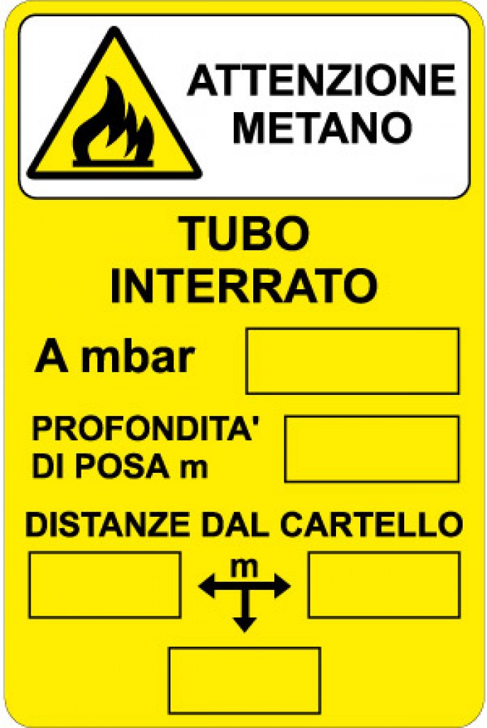 CARTELLO IN ALLUMINIO FORMATO MM 330X500 ATTENZIONE METANO TUBO INTERRATO DISTANZE DAL CARTELLO (1428B)