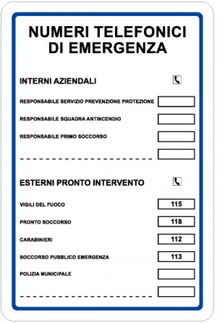 CARTELLO IN ALLUMINIO FORMATO MM 200X300 NUMERI TELEFONICI EMERGENZA (1448A)