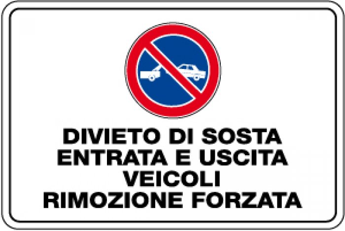 CARTELLO IN ALLUMINIO FORMATO MM 600X400 DIVIETATO SOSTA ENTR USC VEIC RIM F (1936C)