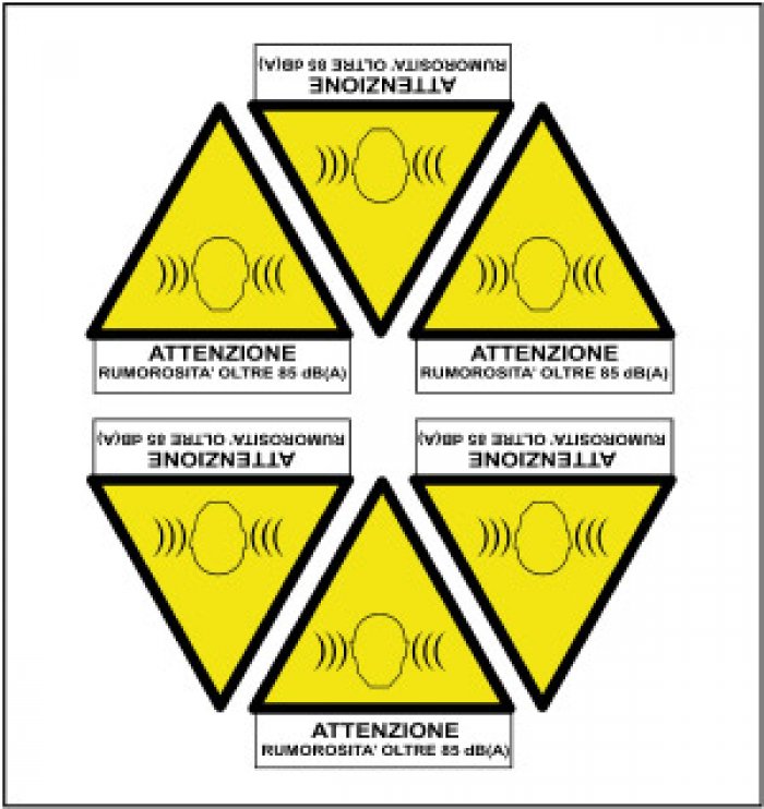 FOGLIO DISTRIBUTORE FORMATO MM 165X175 DA 6 ETICHETTE PITTOGRAMMA+SCRITTA ATTENZIONE RUMOROS 85dBA (2364)