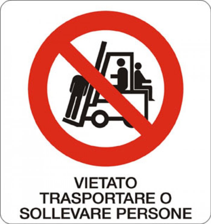 CARTELLO IN ALLUMINIO FORMATO MM 330X350 VIETATO TRASP O SOLLEVARE PERSONE (585B)