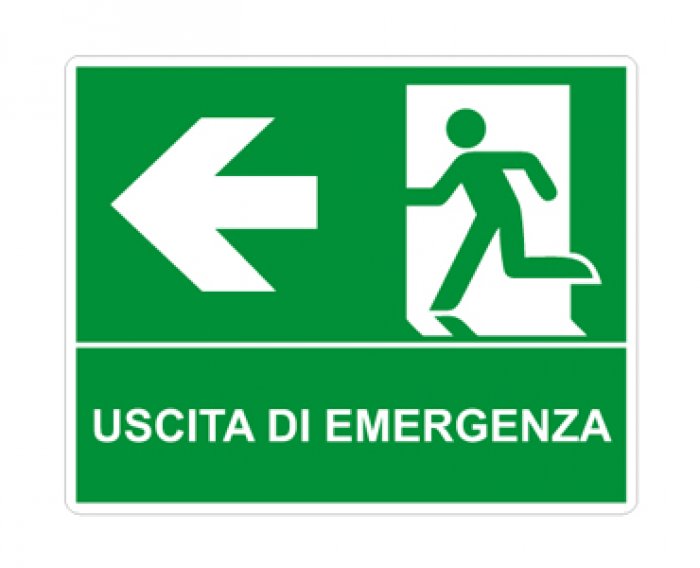 USCITA DI EMERGENZA SINISTRA ORIZZONTALE (CON TESTO) NORMA UNI EN ISO 7010 (E0011762)