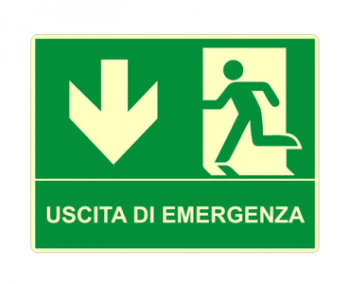 USCITA DI EMERGENZA BASSO ORIZZONTALE (CON TESTO) FOTOLUMINESCENTE NORMA UNI EN ISO 7010 (E001L1760)