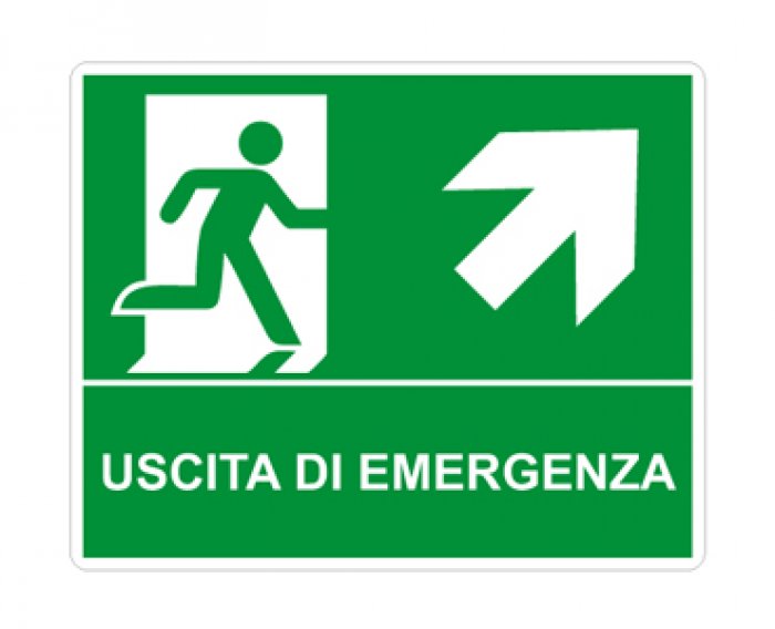 USCITA DI EMERGENZA ALTO A DESTRA ORIZZONTALE (CON TESTO) NORMA UNI EN ISO 7010 (E0021756)