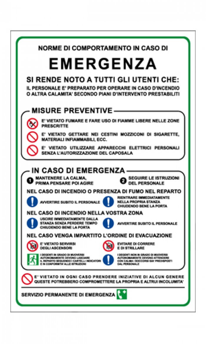 CARTELLO IN ALLUMINIO FORMATO MM 330X500 NORME COMPORTAMENTO IN CASO EMERGENZA (MS1209B)