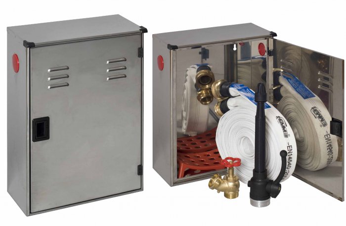 IDRANTE DN 45 A MURO DA ESTERNO INOX CE COMPLETO DI PORTELLO PIENO E LANCIA CON LEVA   (0965)