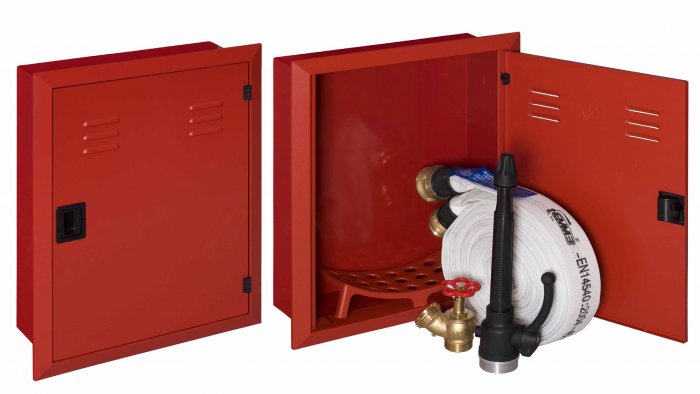 IDRANTE DN 45 A MURO DA INCASSO ROSSO CE COMPLETO DI PORTELLO PIENO E LANCIA CON LEVA  (0967)