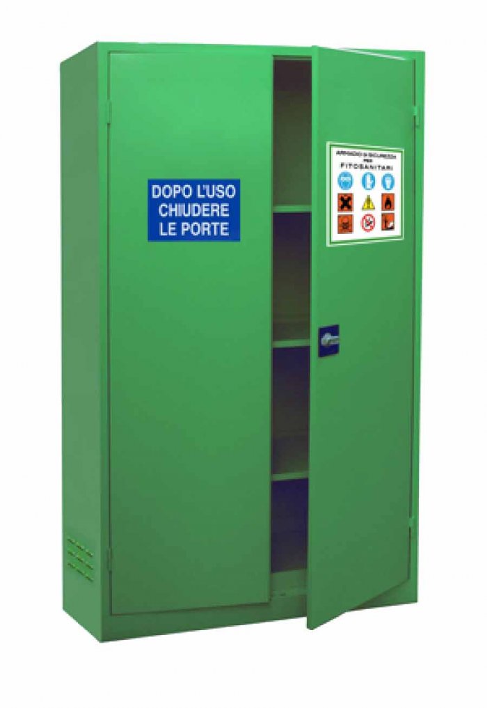 ARMADIO PER FITOSANITARI/PESTICIDI CON 2 Ante cieche 3 ripiani di contenimento (6 Lt) vasca di fondo (26 lt) stoccaggio totale: 132 lt (10096)