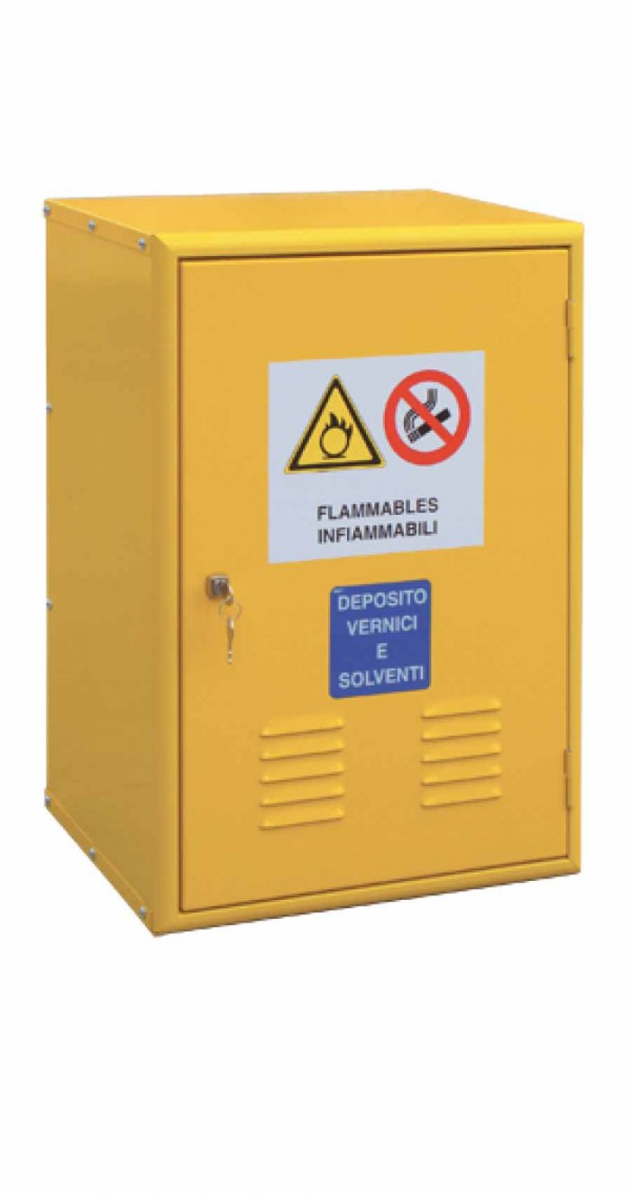 ARMADIO PER  LIQUIDI INFIAMMABILI CON 1 ANTA CIECA + 1 RIPIANO + VASCA DI RACCOLTA (3,6LT) (10103)