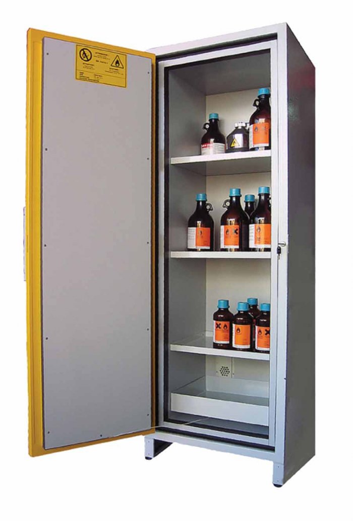 ARMADIO PER LIQUIDI INFIAMMABILI CON 1 ANTA CIECA + 3 RIPIANI + 1 VASCA DI FONDO  ALTA RESISTENZA AL FUOCO (10105)