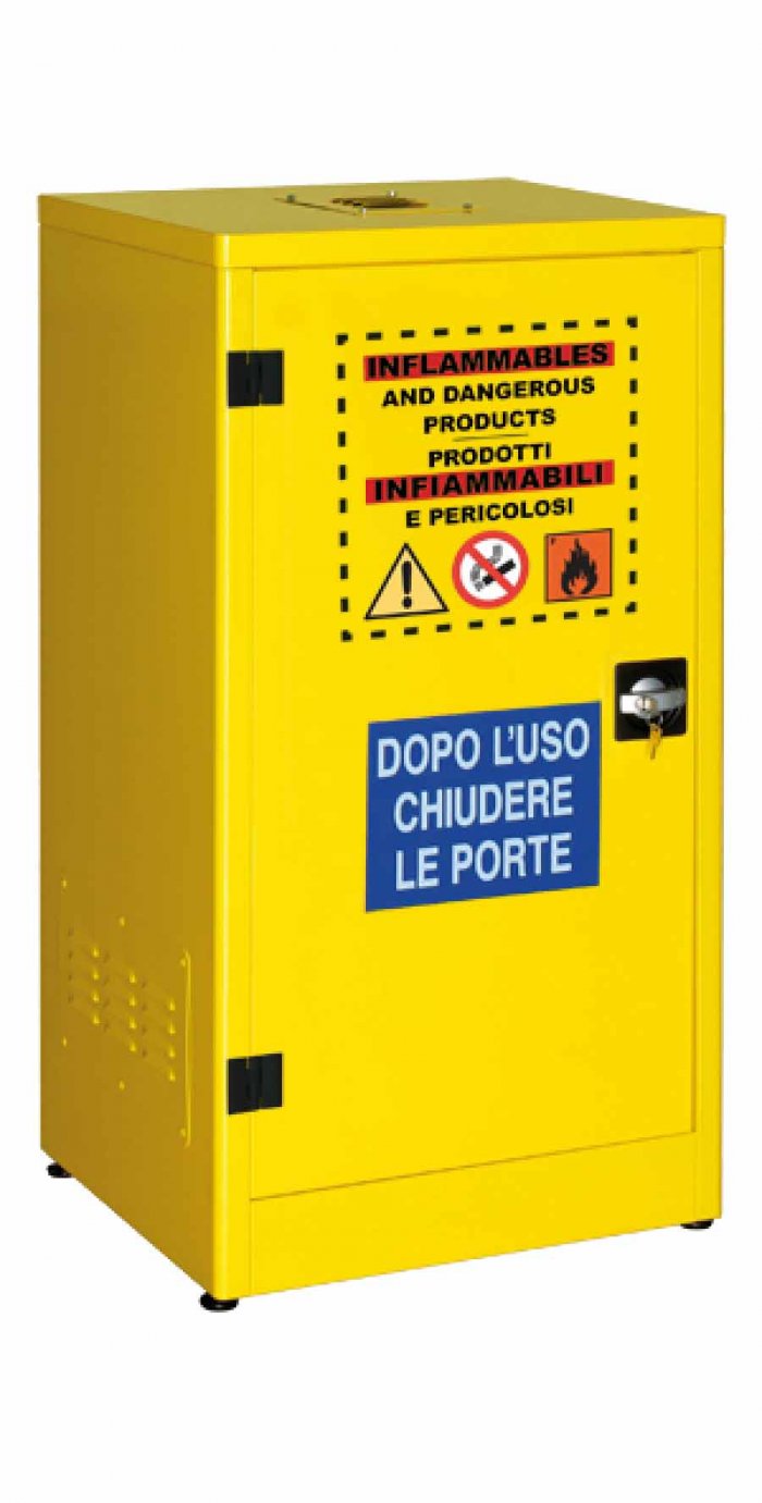 ARMADIO PER LIQUIDI INFIAMMABILI CON 1 ANTA CIECA + 2 RIPIANI + 1 VASCA DI FONDO (LT.14) (1329)