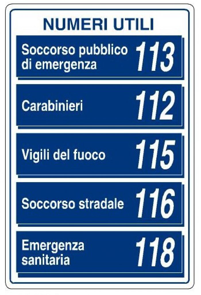 Cartello in alluminio 330X500 mm Numeri utili