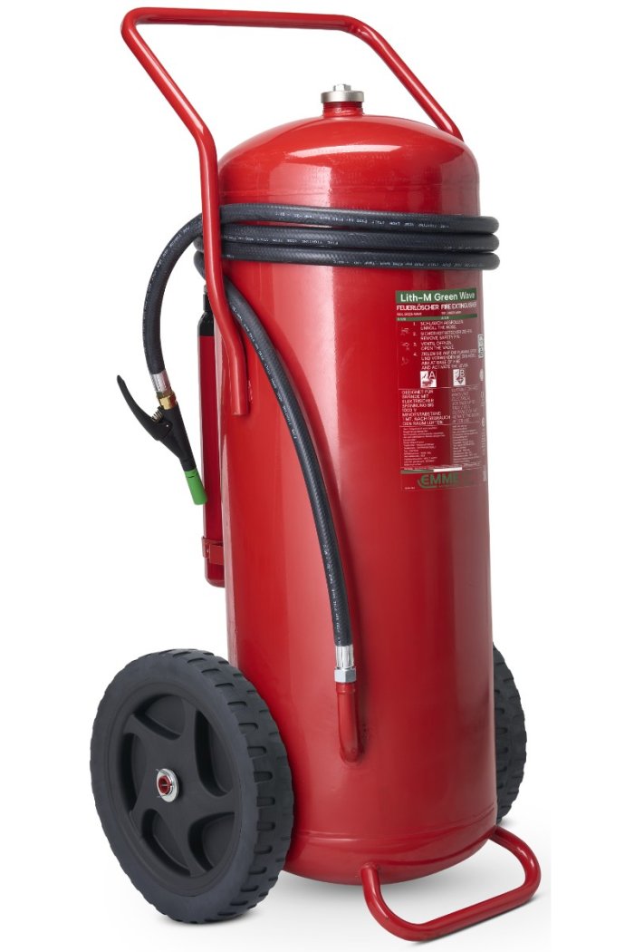 Fahrbarer 100-Liter-Feuerlöscher mit Green Wave Lith-M Schaummittel für Lithiumbatterien geeignet, aus Edelstahl – Hilfsdruck – GW100A – Klasse A IV B