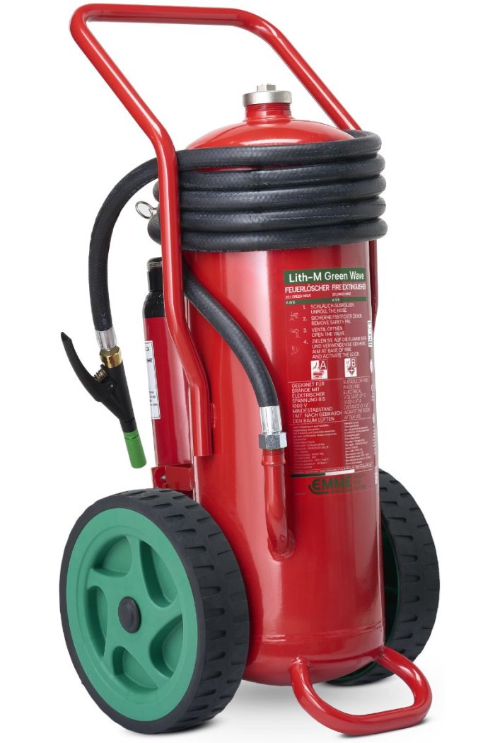 Fahrbarer 25-Liter-Schaumfeuerlöscher Green Wave Lith-M geeignet für Lithiumbatterien aus Edelstahl – Fremddruckgerät – GW25A – Klasse A IV B