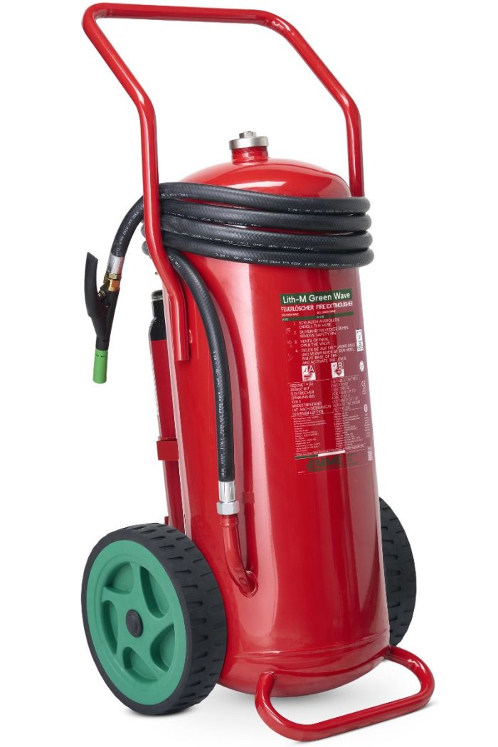 Fahrbarer 50-Liter-Schaumfeuerlöscher Green Wave Lith-M geeignet für Lithiumbatterien aus Edelstahl – GW50A – Klasse A IV B