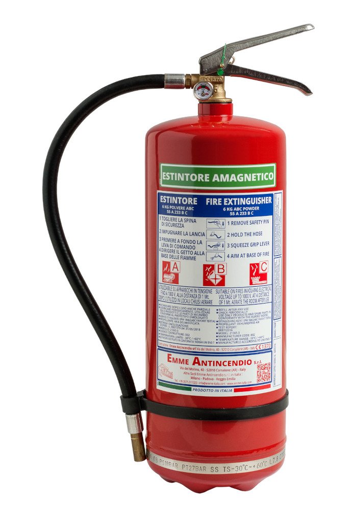 6 Kg Powder low magnetic conductivity Fire Extinguisher  - Model 21065-32 - 55 A 233 B C - UNI EN 3-7 - PED 2014/68/UE