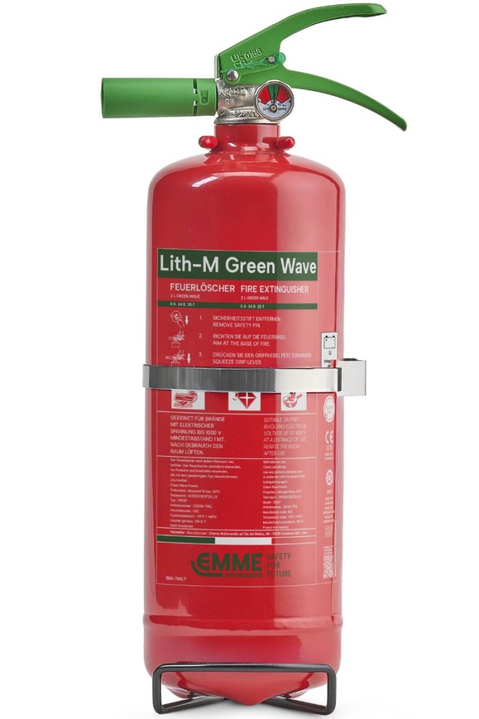 Feuerlöscher tragbar 2 Liter Schaum Green Wave Lith-M geeignet für Lithiumbatterien aus Stahl – GW2P – Klasse 8 A 34 B 25 F