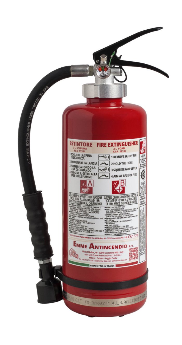  3 L. Foam Fire Extinguisher- Code 22031-1  13A 113B 40F- Stainless steel AISI 304- UNI EN 3-7