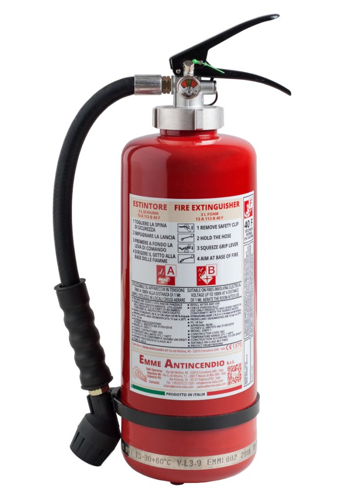 3 L Foam Fire Extinguisher- Code 22031-1  13A 113B 40F- Stainless steel AISI 304- UNI EN 3-7