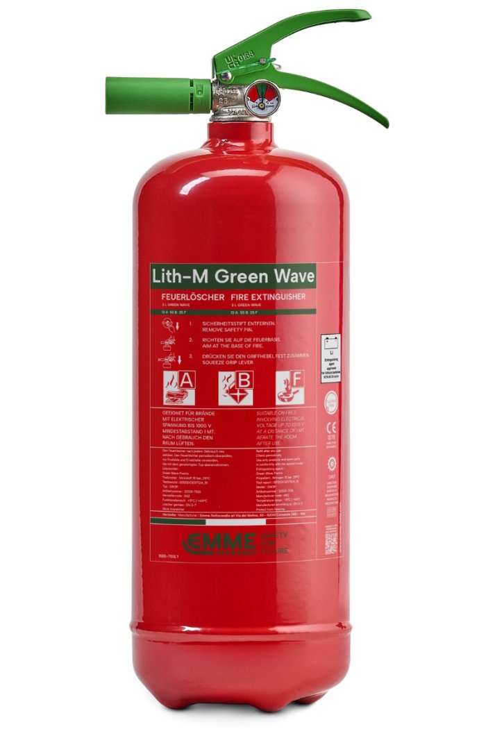 Tragbarer 3-Liter-Schaumfeuerlöscher Green Wave Lith-M geeignet für Lithiumbatterien aus Stahl – GW3P – 13 A 55 B 25 F