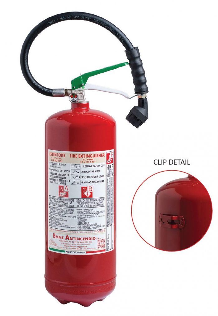 6 L. Water + Additive FIRE EXTINGUISHER - 21A 183B 40F - Model 22062-23E - VALVE CPF M. 30x1.5, brass body with anti-corrosion treatment. - PED - UNI EN 3-7 2014/68/EU