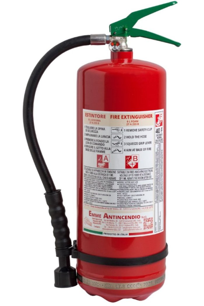 Estintore litri 6 Schiuma - Modello 22066-4 - 27A 233B 40F - UNI EN 3-7 - Involucro in Acciaio Inox