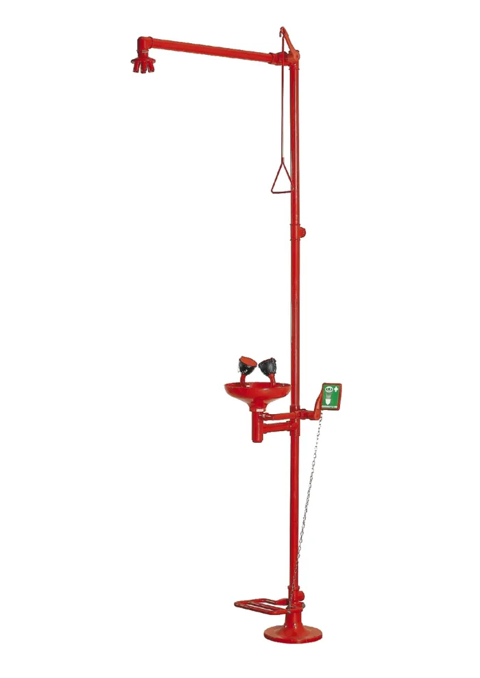 DOCCIA DI EMERGENZA A PAVIMENTO CON VASCHETTA LAVAOCCHI Con Pedale