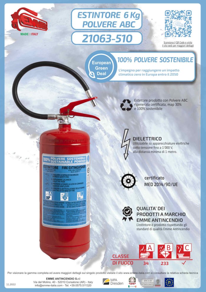 6 kg Pulver-Feuerlöscher 21063-510- 34A 233BC - UNI EN 3-7 - 100% Nachhaltiges Pulver