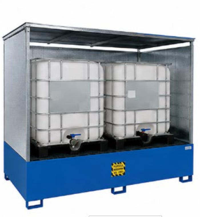 	VASCHE IN ACCIAIO VERNICIATO CON TETTOIA E PROTEZIONI LATERALI per 2 IBC da 1000 litri
