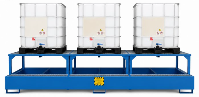 	VASCHE IN ACCIAIO VERNICIATO PER IBC CON RIALZO per stoccaggio di 3 cisternette da 1000 litri