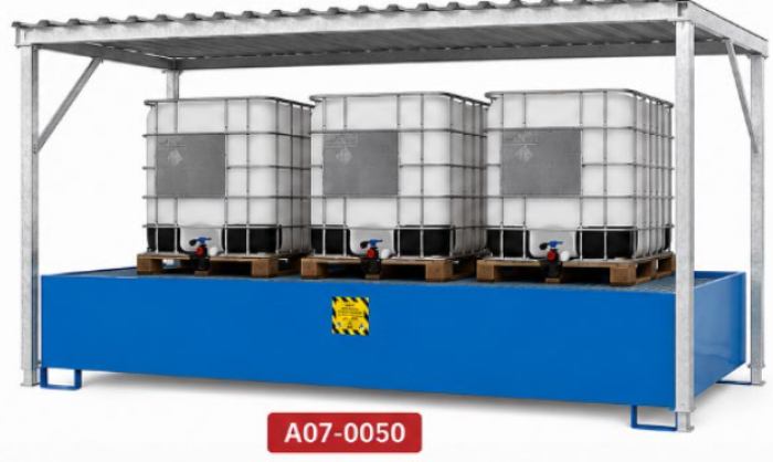 VASCHE PER IBC CON TETTOIA ZINCATA per stoccaggio di 3 cisternette da 1000 litri