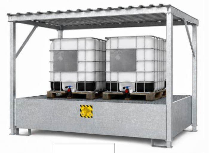 	VASCHE IN ACCIAIO ZINCATO CON TETTOIA PER IBC DA 1000 L per stoccaggio di 2 cisternette da 1000 litri