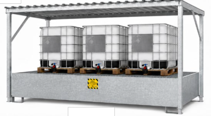 VASCHE IN ACCIAIO ZINCATO CON TETTOIA PER IBC DA 1000 L per stoccaggio di 3 cisternette da 1000 litri
