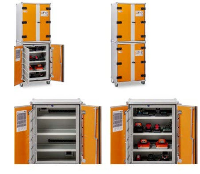 ARMADIO BASIC PER RICARICA BATTERIE AL LITIO Versione monofase a sviluppo verticale con otto ripiani e piedini