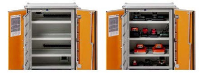 ARMADIO DI RICARICA e STOCCAGGIO PER BATTERIE AL LITIO 8 ripiani, con piedini, alimentazione monofase, versione PREMIUM