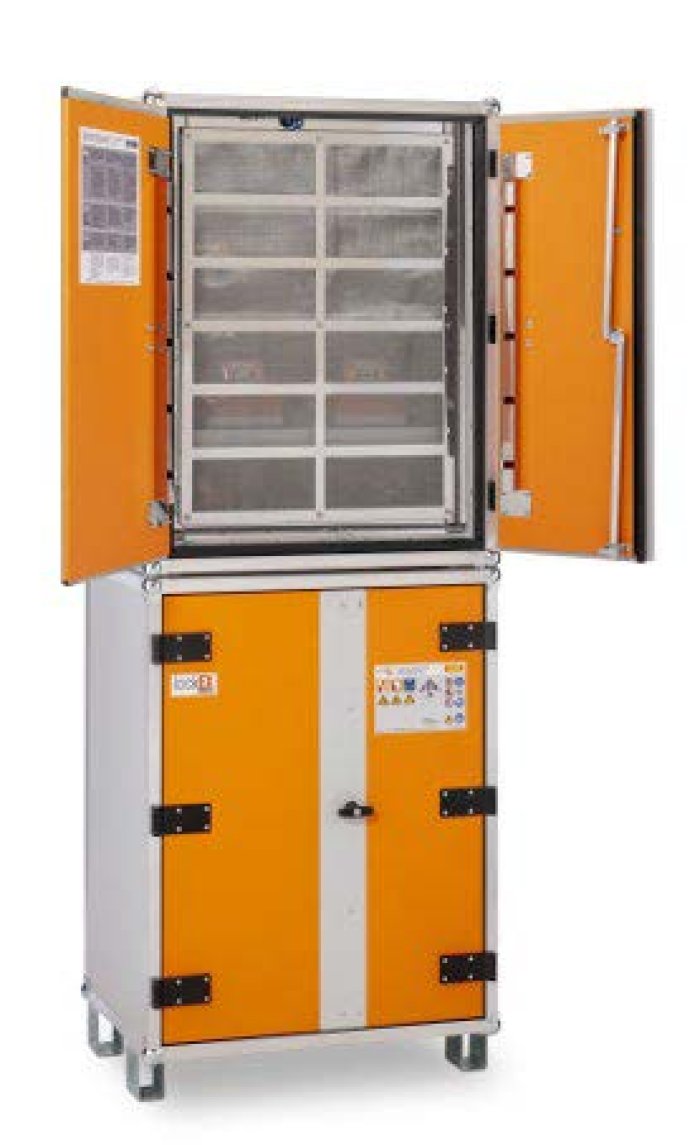 ARMADIO DI RICARICA e STOCCAGGIO PER BATTERIE AL LITIO 8. ripiani, con piedini, alimentazione trifase, versione PREMIUM
