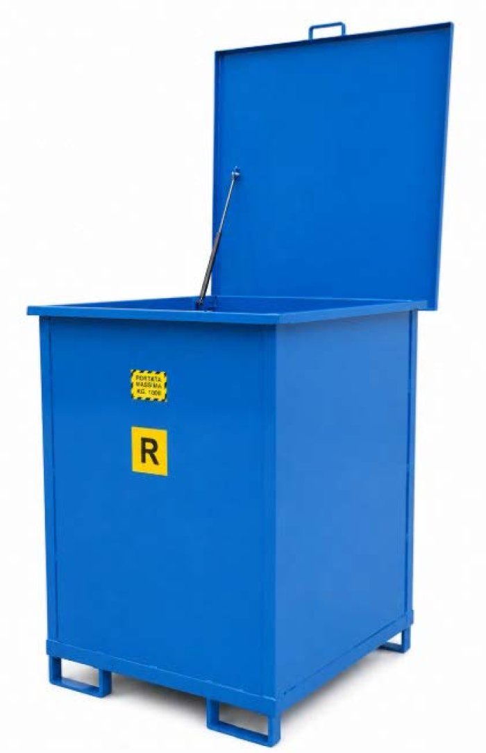 CONTENITORE PORTA BIG-BAG IN ACCIAIO VERNICIATO con coperchio incernierato servoassistito