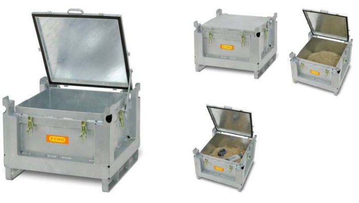 CONTENITORE DI RACCOLTA ADR DA 120 L PER BATTERIE AL LITIO Contenitore in acciaio con piedini, coperchio e movimentazione con carrello elevatore o gru