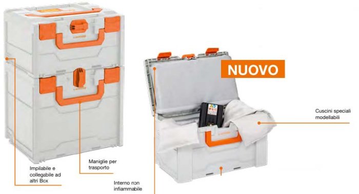 CONTENITORI Li-SAFE PER TRASPORTO E STOCCAGGIO BATTERIE AL LITIO Tre dimensioni per batterie al litio, complete di cuscini speciali