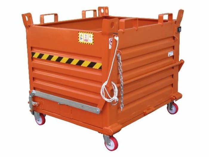 CONTENITORI IN LAMIERA A FONDO APRIBILE CON RUOTE Due dimensioni con portata di 1.350 kg