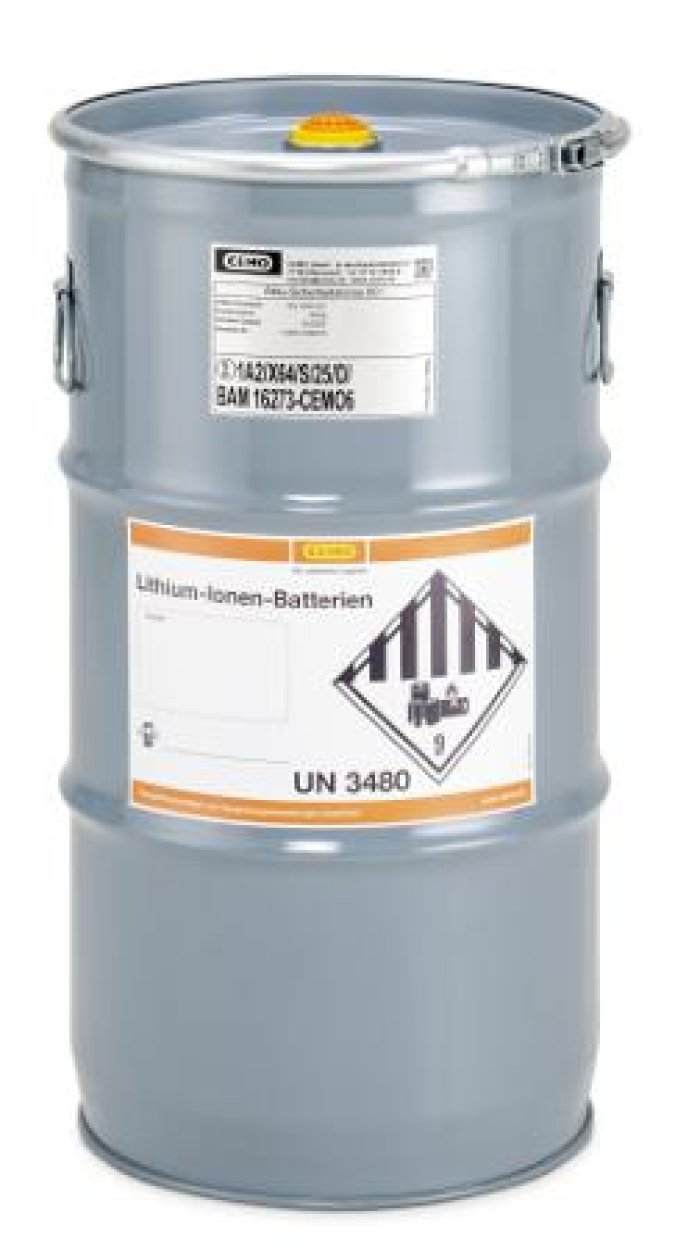 FUSTO ADR DA 60 Lt PER BATTERIE AL LITIO con coperchio dotato di anello di serraggio Contenitore in acciaio laccato con vermiculite e sacco inlay
