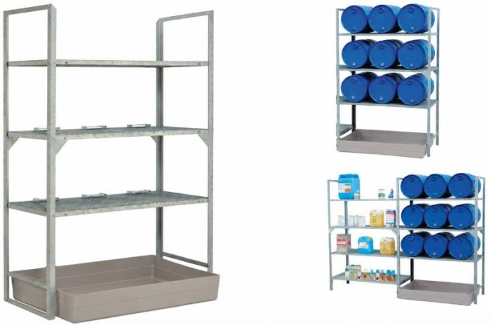 SCAFFALATURA PER 12 FUSTI DA 60 L CON VASCA IN VTR Sistema indoor zincato a caldo con due ripiani e vasca di raccolta